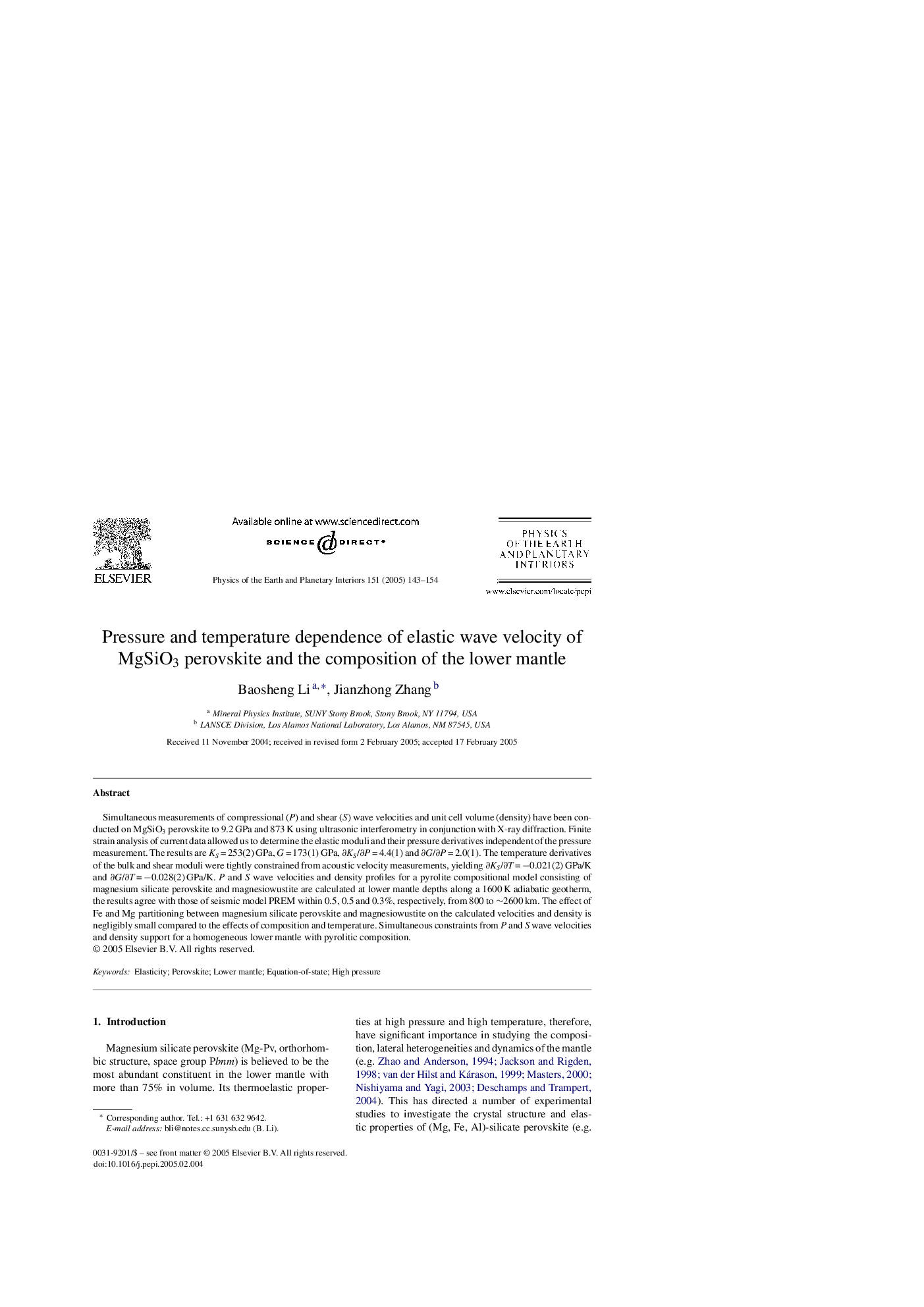 Pressure and temperature dependence of elastic wave velocity of MgSiO3 perovskite and the composition of the lower mantle