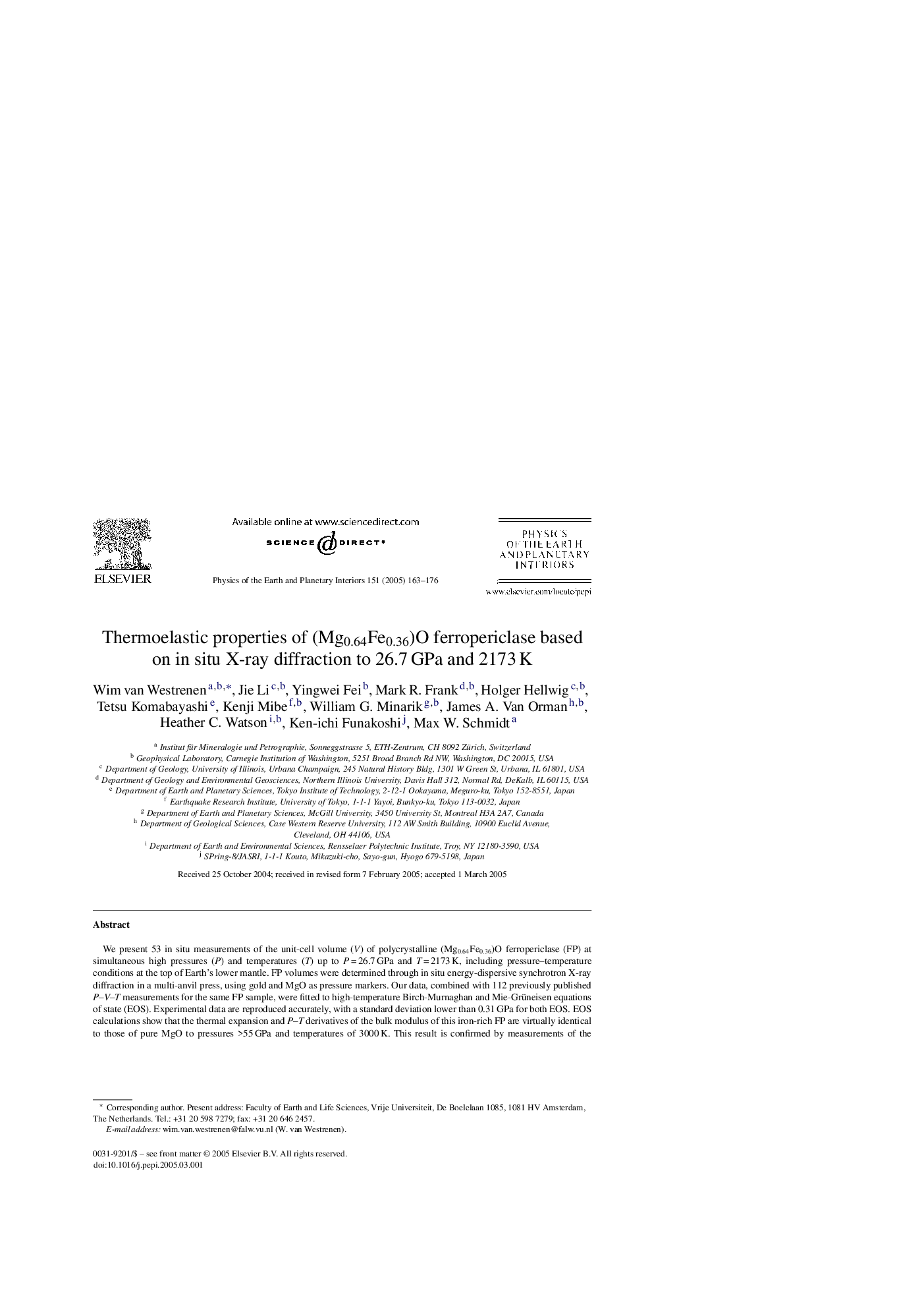 Thermoelastic properties of (Mg0.64Fe0.36)O ferropericlase based on in situ X-ray diffraction to 26.7Â GPa and 2173Â K