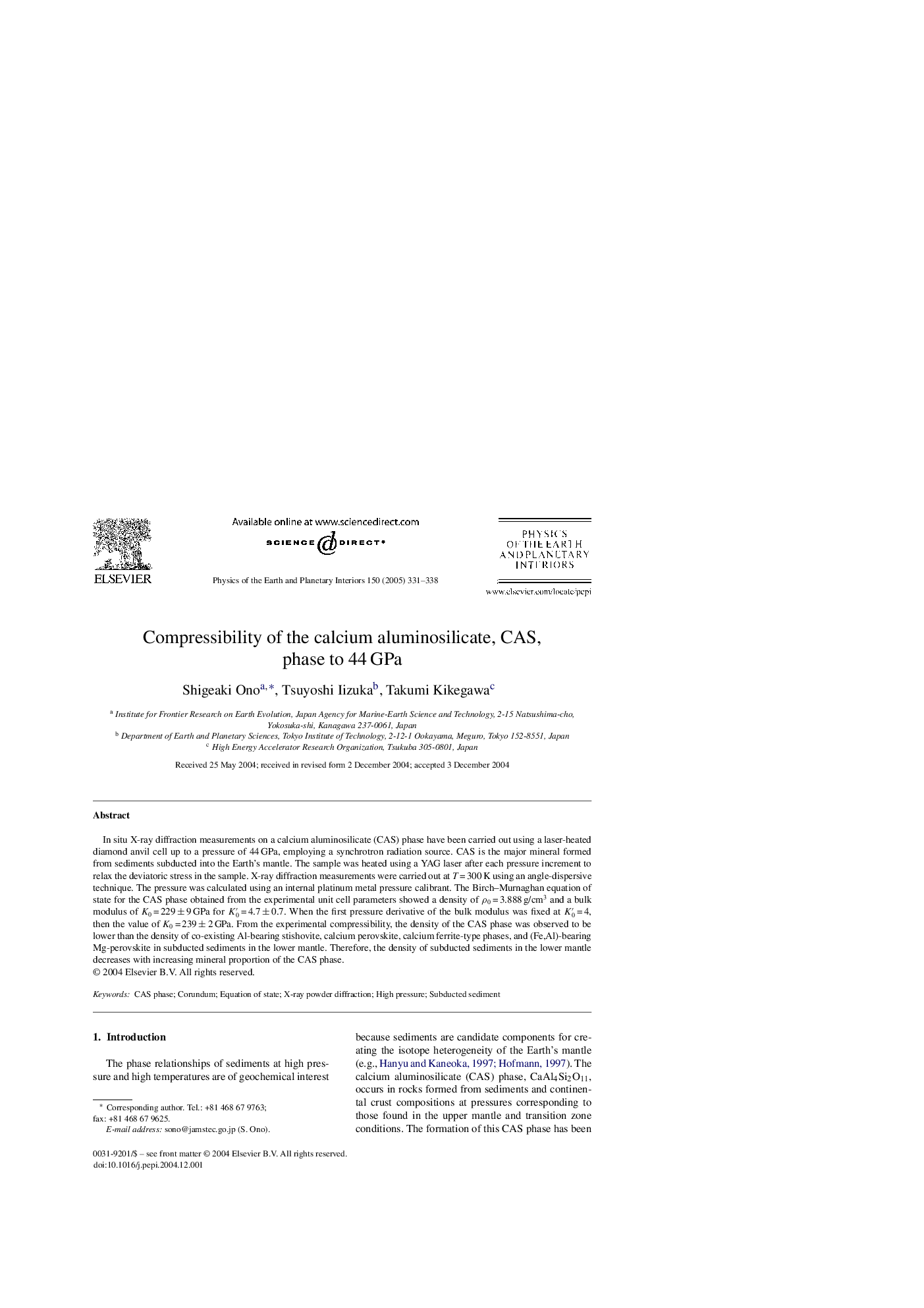 Compressibility of the calcium aluminosilicate, CAS, phase to 44Â GPa