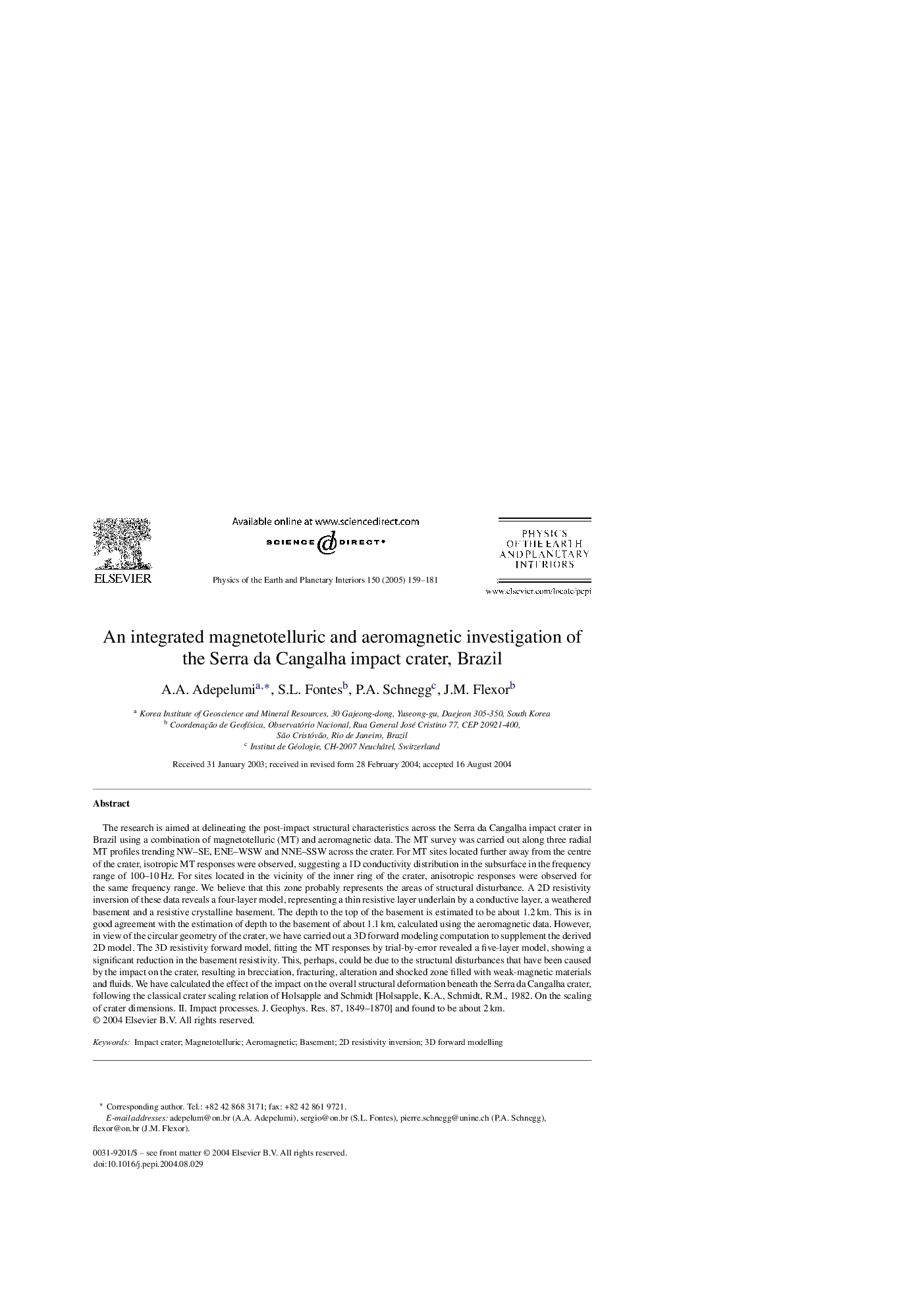 An integrated magnetotelluric and aeromagnetic investigation of the Serra da Cangalha impact crater, Brazil