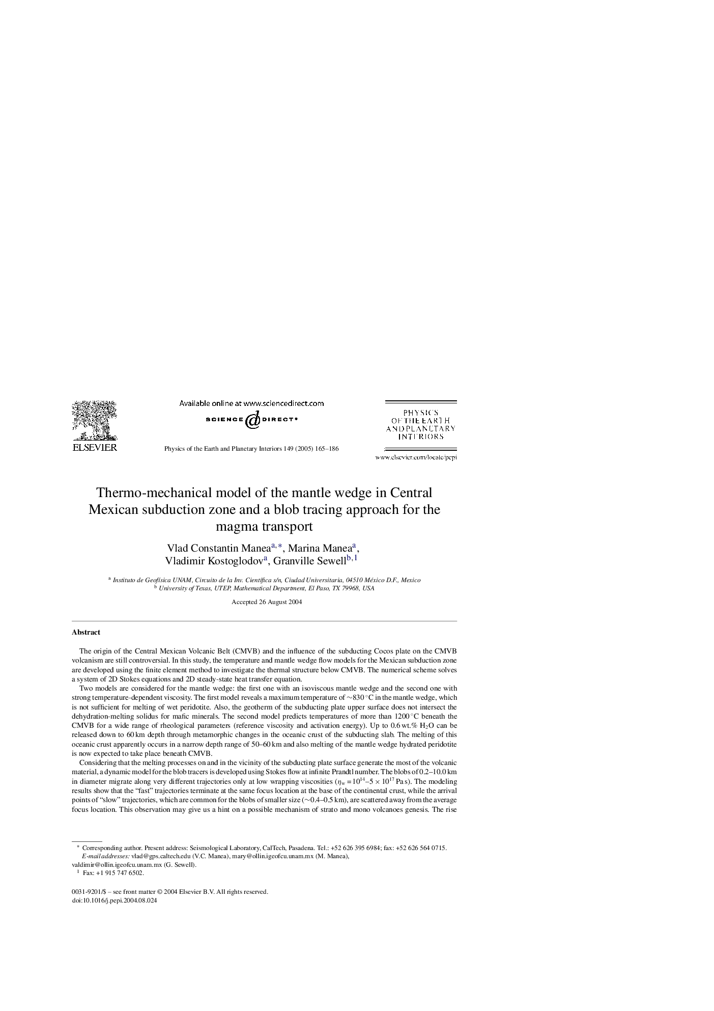 Thermo-mechanical model of the mantle wedge in Central Mexican subduction zone and a blob tracing approach for the magma transport