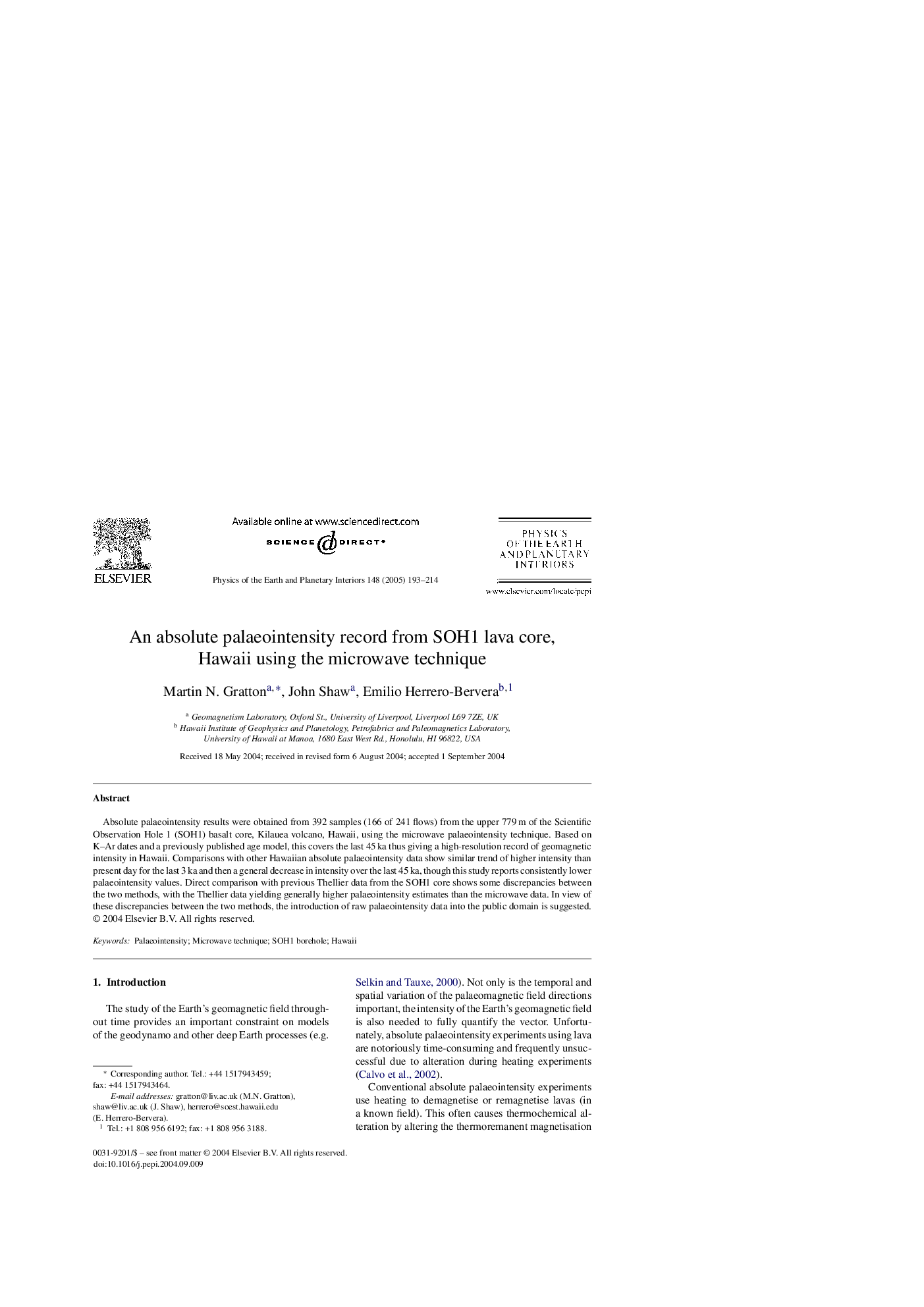 An absolute palaeointensity record from SOH1 lava core, Hawaii using the microwave technique