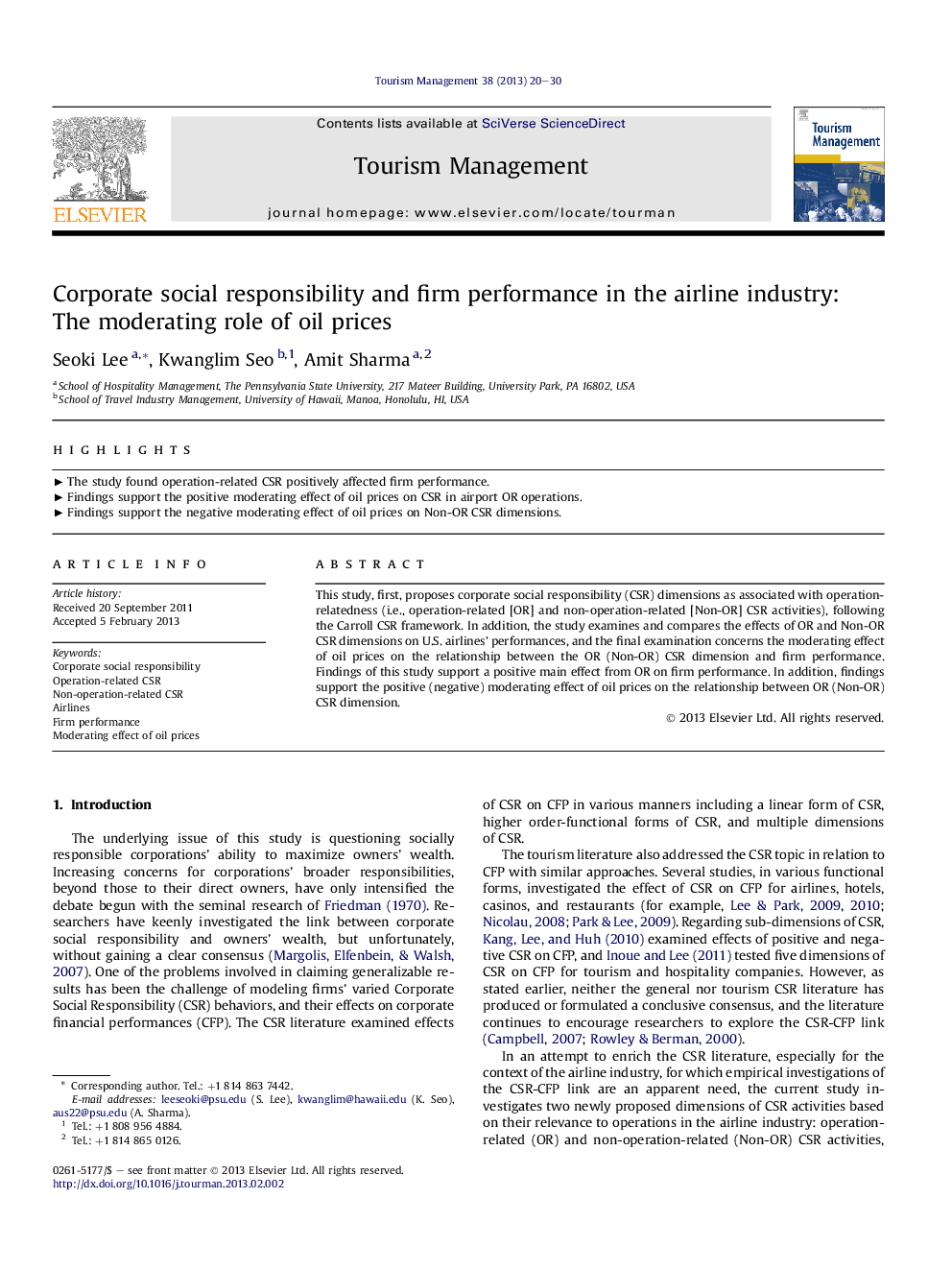 Corporate social responsibility and firm performance in the airline industry: The moderating role of oil prices