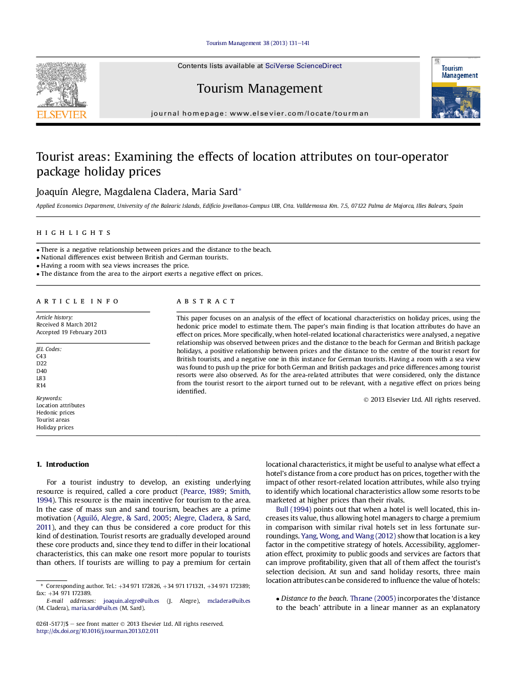 Tourist areas: Examining the effects of location attributes on tour-operator package holiday prices