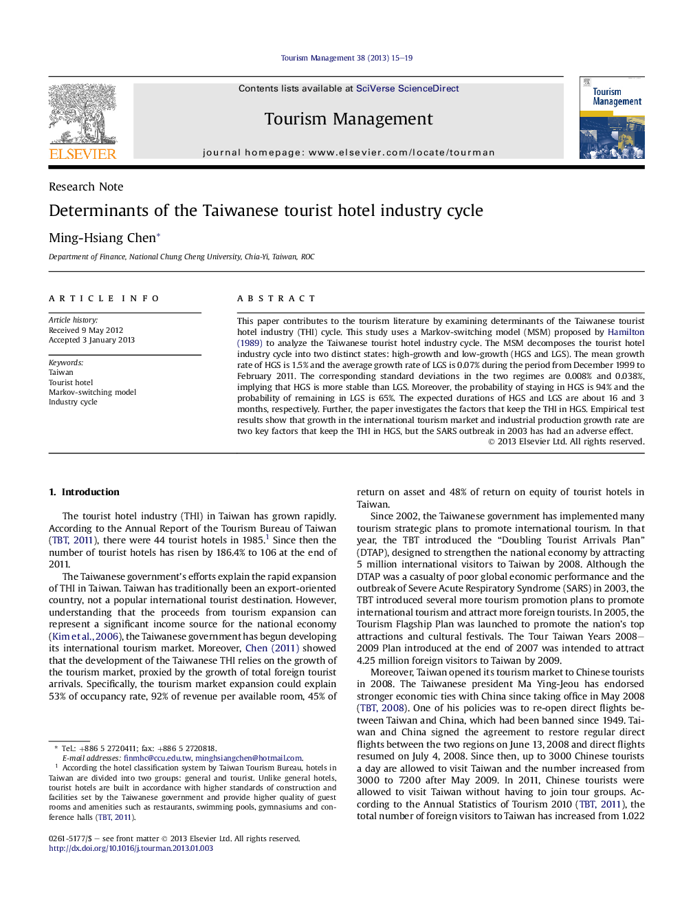 Determinants of the Taiwanese tourist hotel industry cycle