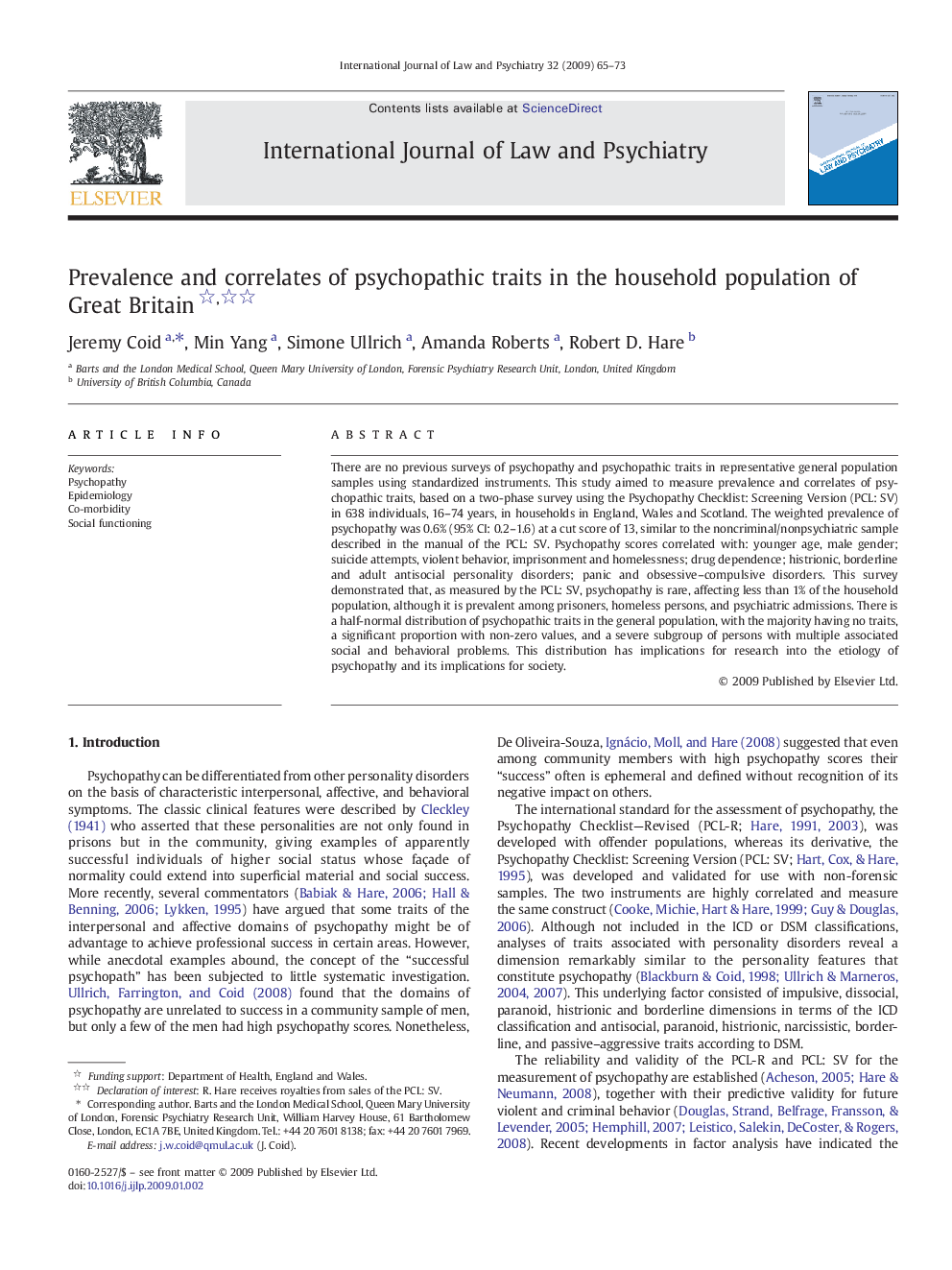 Prevalence and correlates of psychopathic traits in the household population of Great Britain 