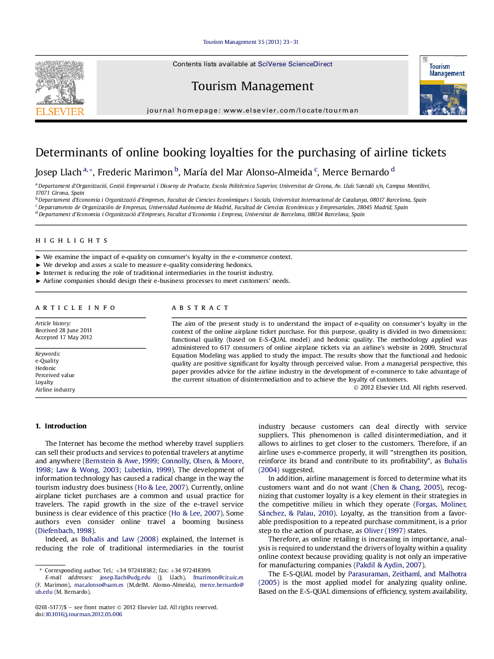 Determinants of online booking loyalties for the purchasing of airline tickets