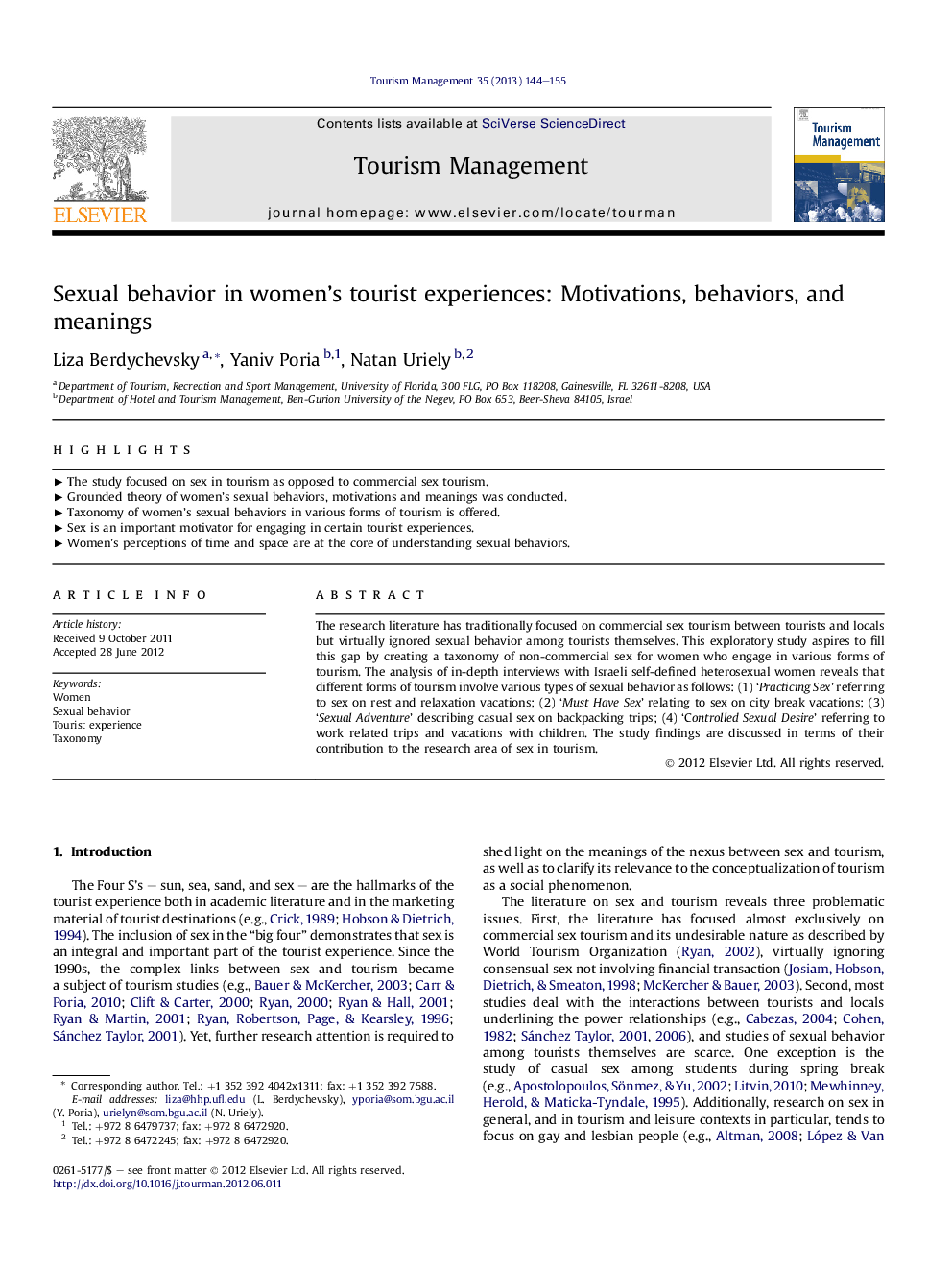 Sexual behavior in women's tourist experiences: Motivations, behaviors, and meanings