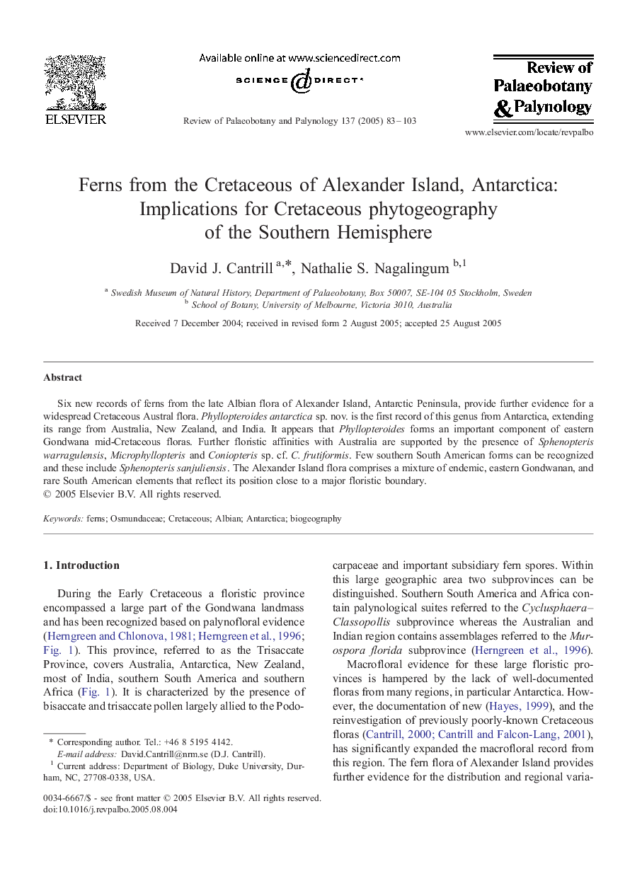 Ferns from the Cretaceous of Alexander Island, Antarctica: Implications for Cretaceous phytogeography of the Southern Hemisphere