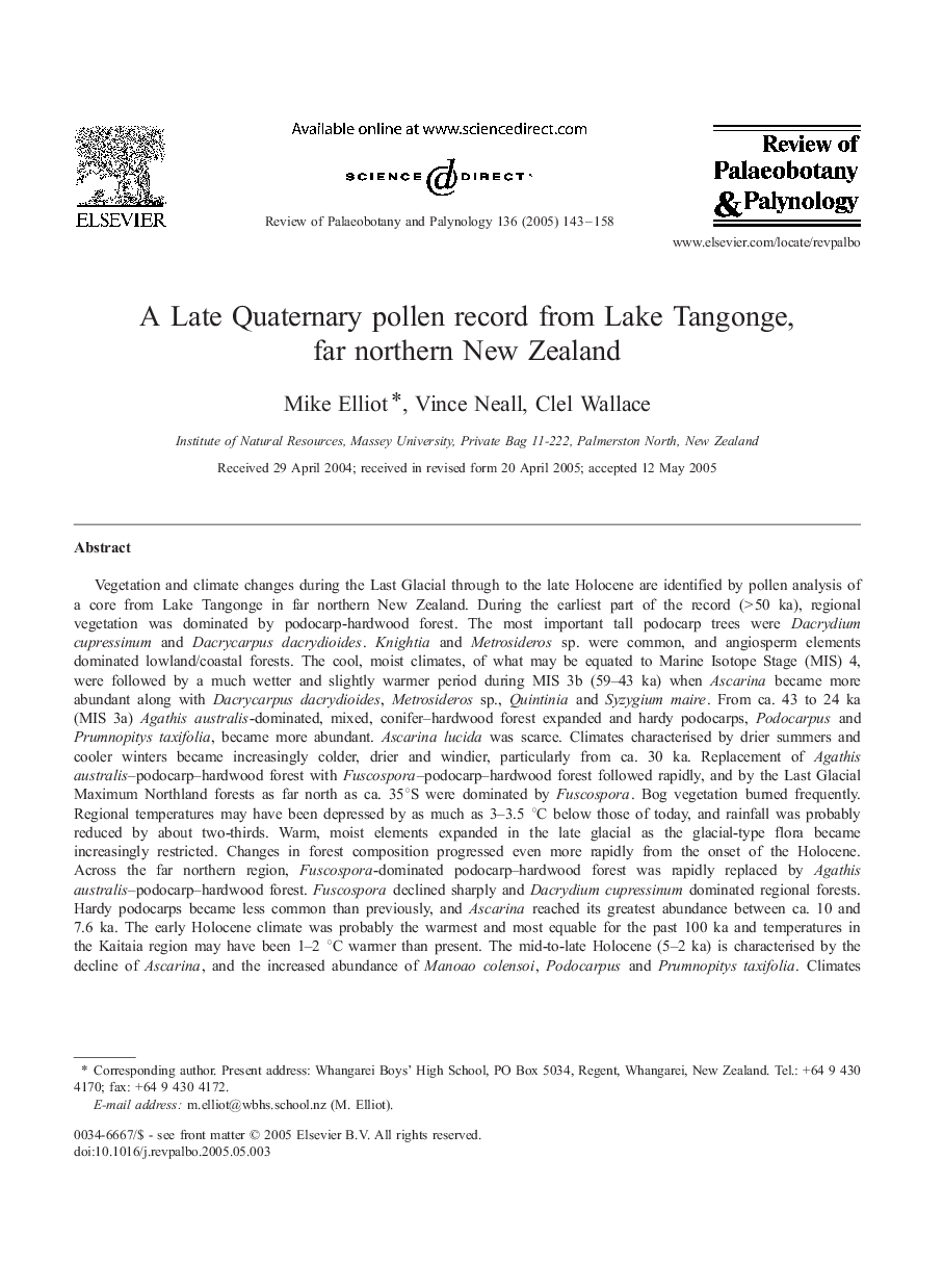 A Late Quaternary pollen record from Lake Tangonge, far northern New Zealand