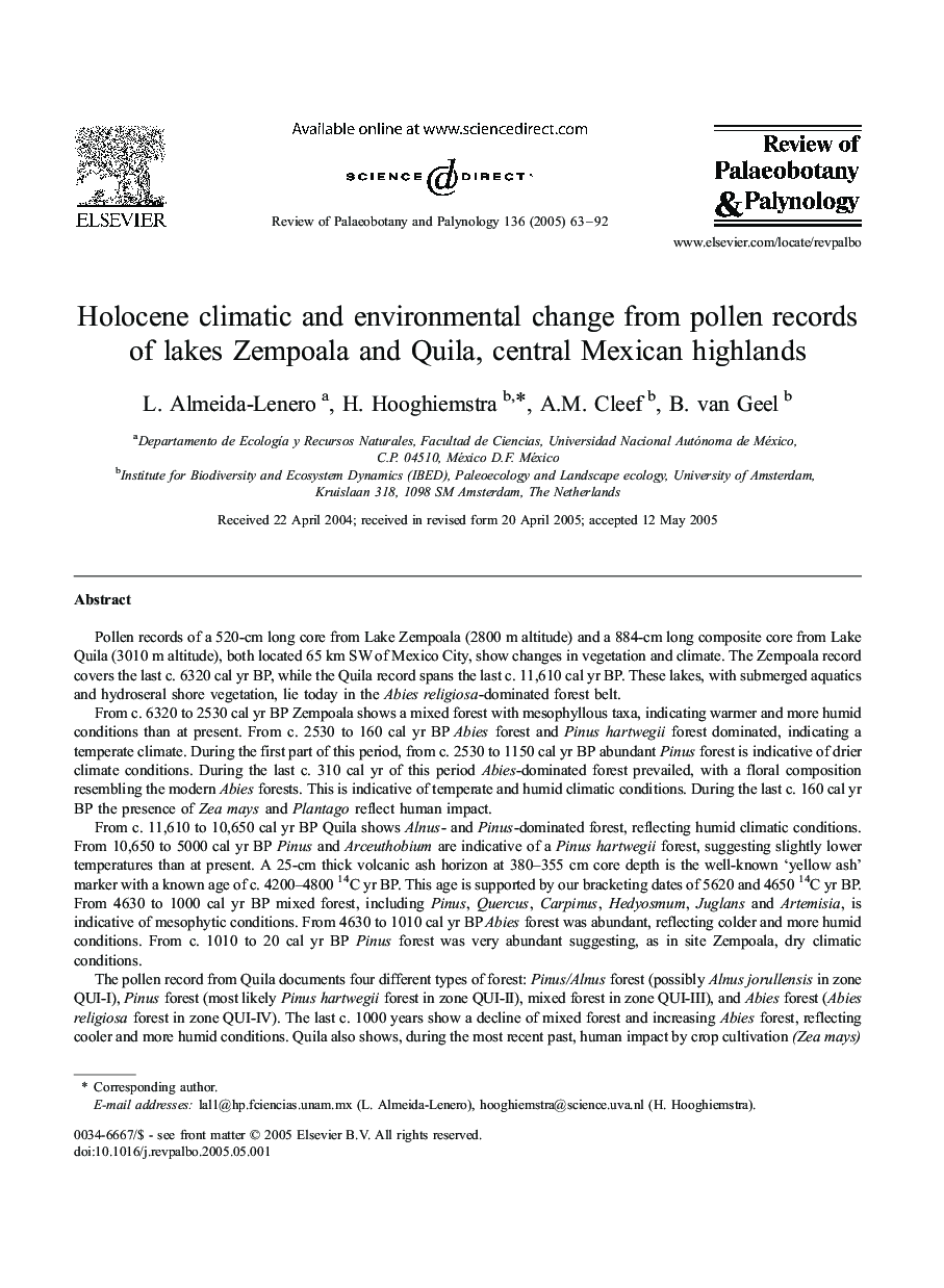 Holocene climatic and environmental change from pollen records of lakes Zempoala and Quila, central Mexican highlands