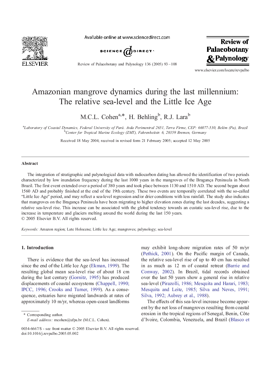 Amazonian mangrove dynamics during the last millennium: The relative sea-level and the Little Ice Age