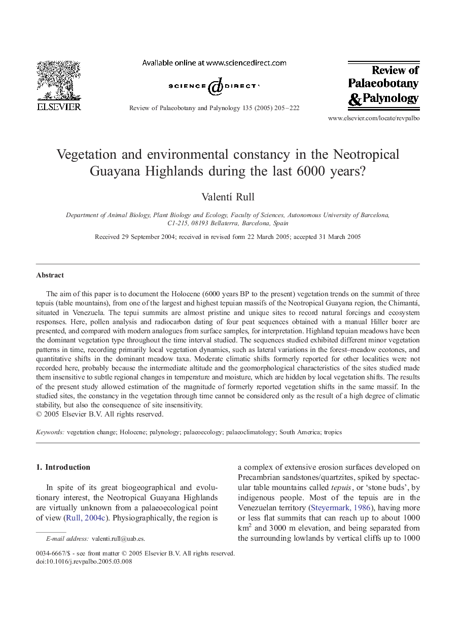 Vegetation and environmental constancy in the Neotropical Guayana Highlands during the last 6000 years?