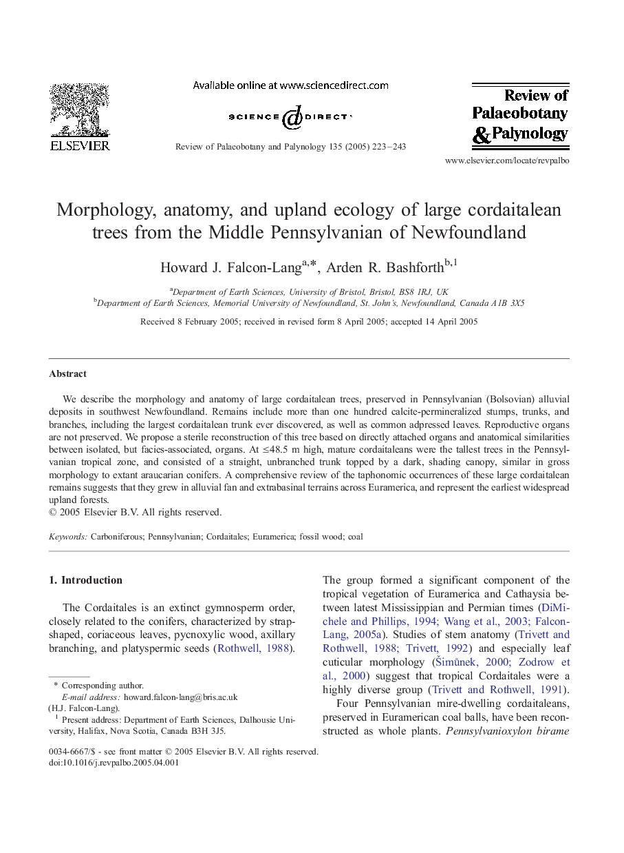 Morphology, anatomy, and upland ecology of large cordaitalean trees from the Middle Pennsylvanian of Newfoundland