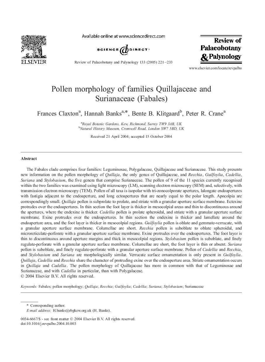 Pollen morphology of families Quillajaceae and Surianaceae (Fabales)