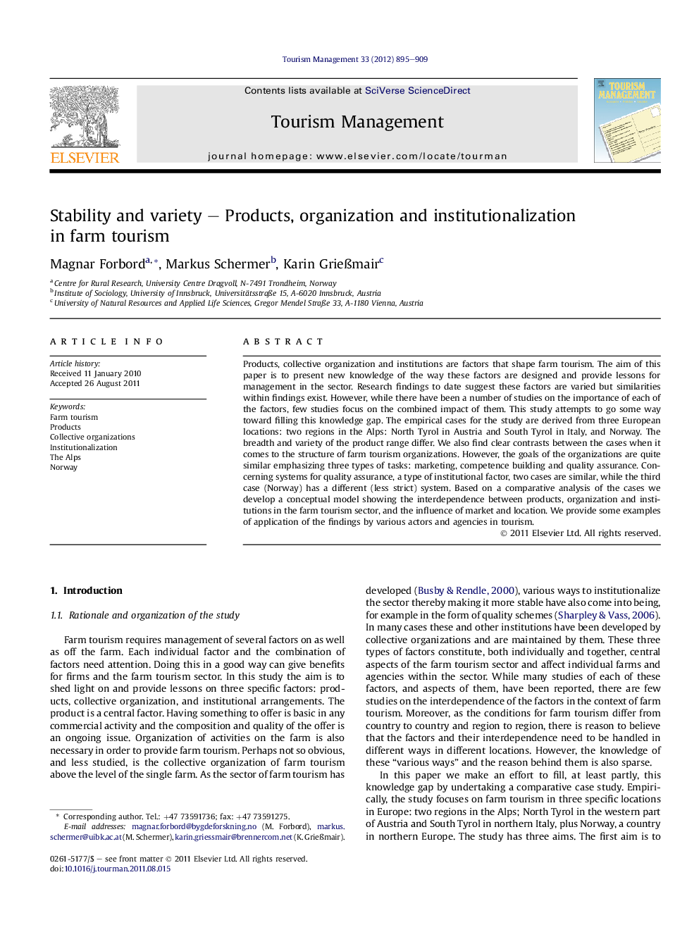 Stability and variety – Products, organization and institutionalization in farm tourism