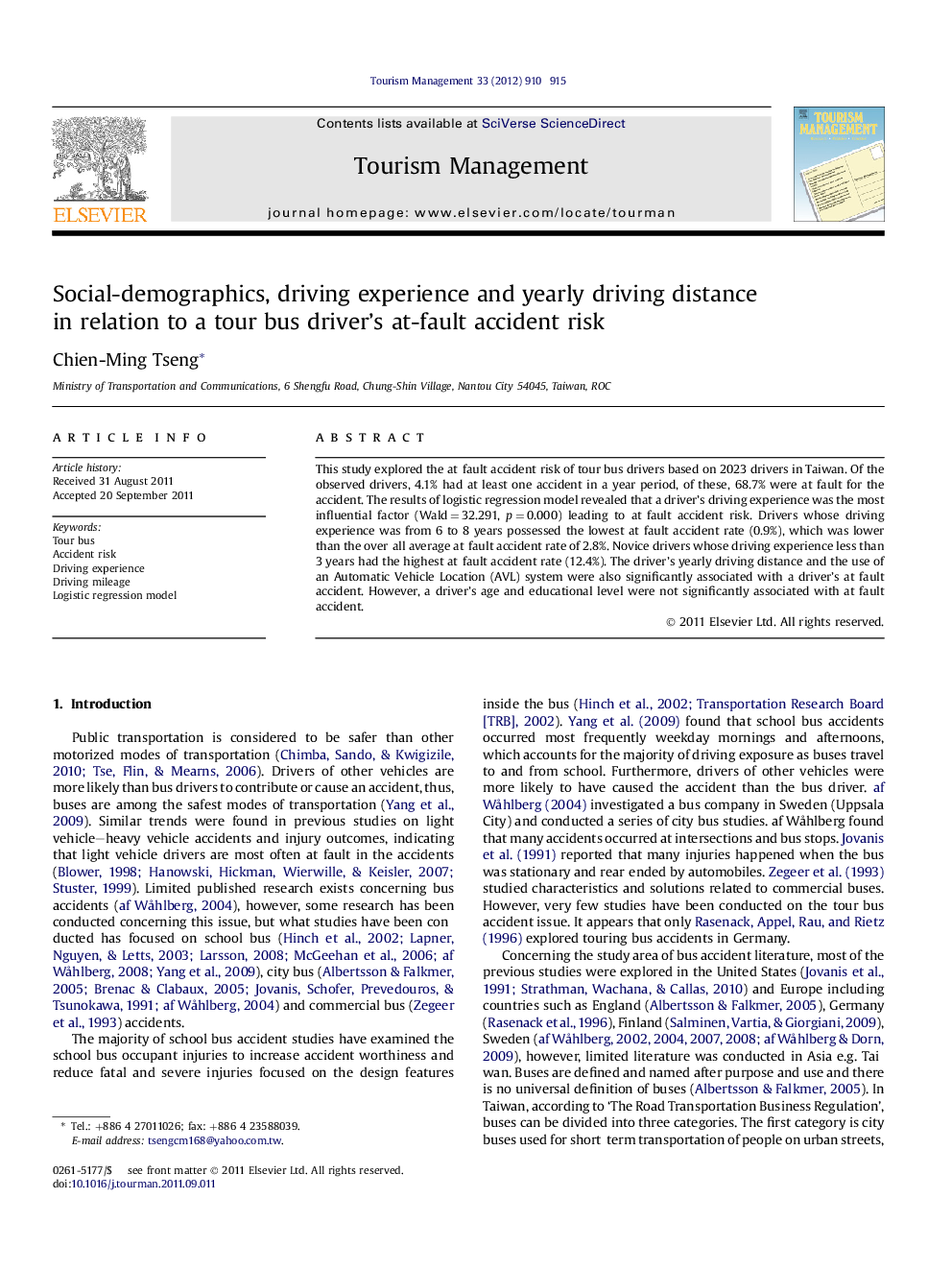 Social-demographics, driving experience and yearly driving distance in relation to a tour bus driver’s at-fault accident risk