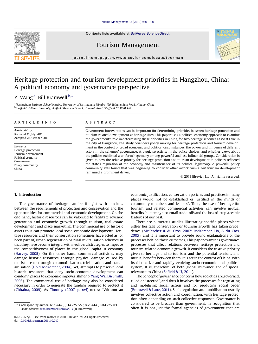 Heritage protection and tourism development priorities in Hangzhou, China: A political economy and governance perspective