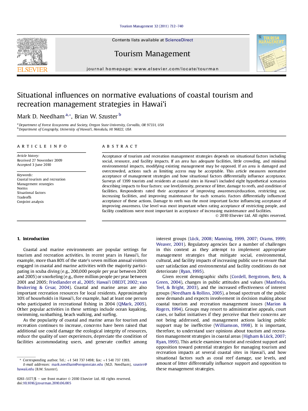 Situational influences on normative evaluations of coastal tourism and recreation management strategies in Hawai’i