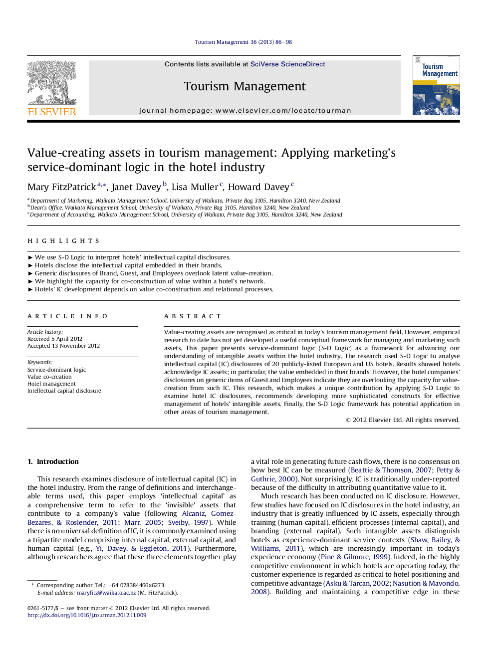 Value-creating assets in tourism management: Applying marketing's service-dominant logic in the hotel industry