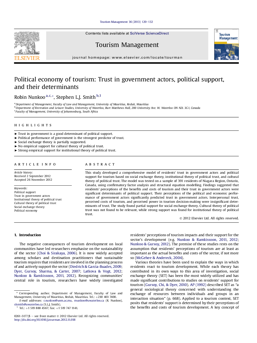 Political economy of tourism: Trust in government actors, political support, and their determinants