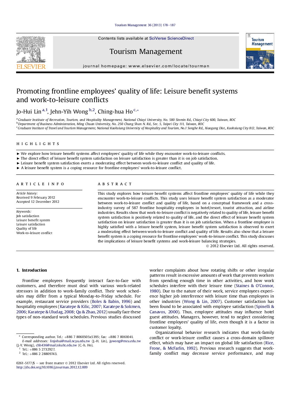 Promoting frontline employees' quality of life: Leisure benefit systems and work-to-leisure conflicts