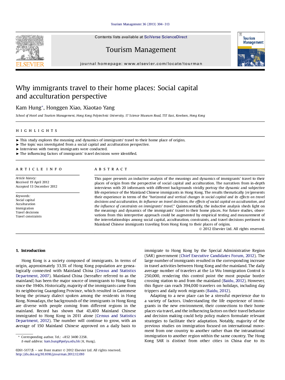 Why immigrants travel to their home places: Social capital and acculturation perspective