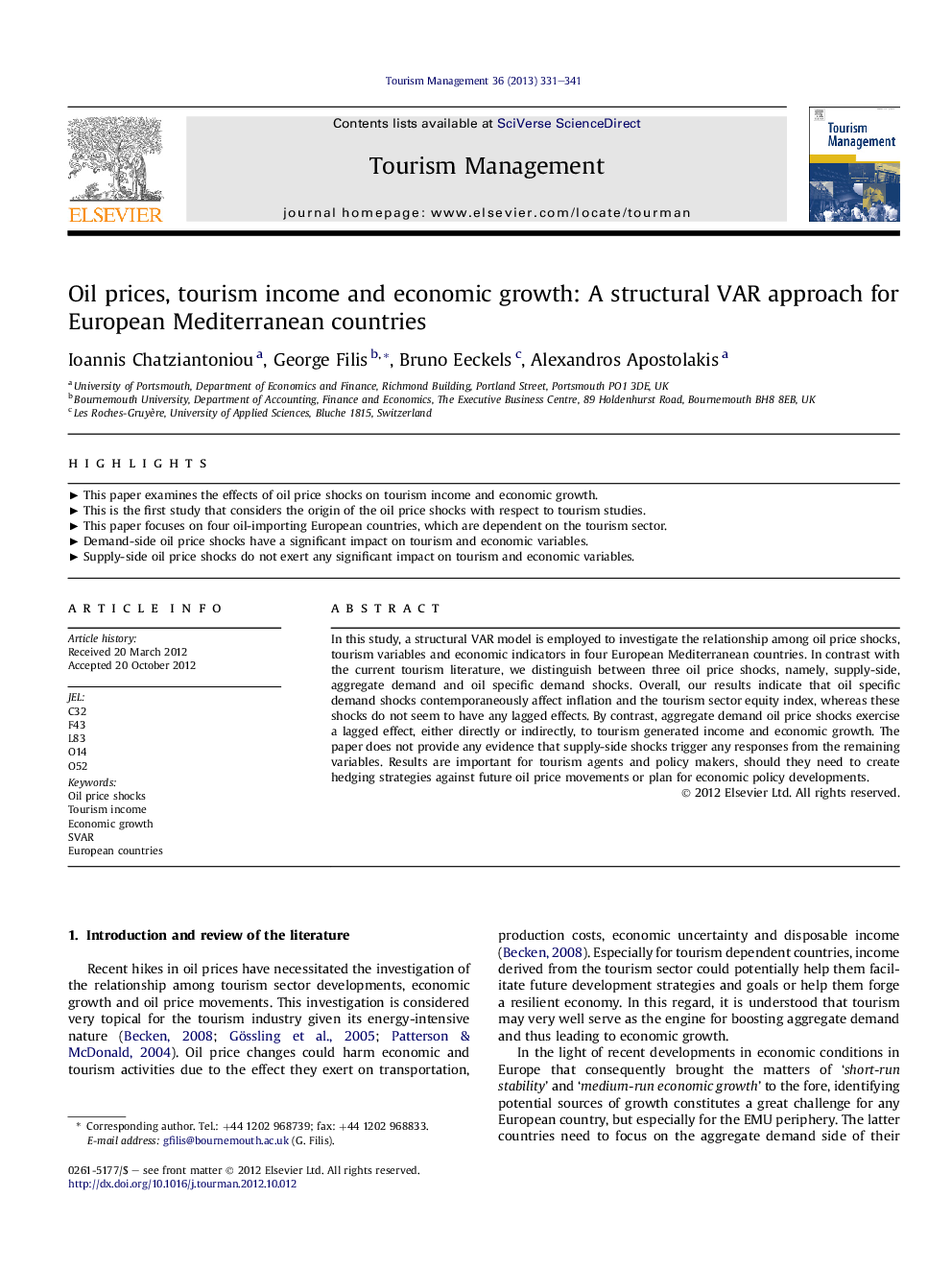 Oil prices, tourism income and economic growth: A structural VAR approach for European Mediterranean countries