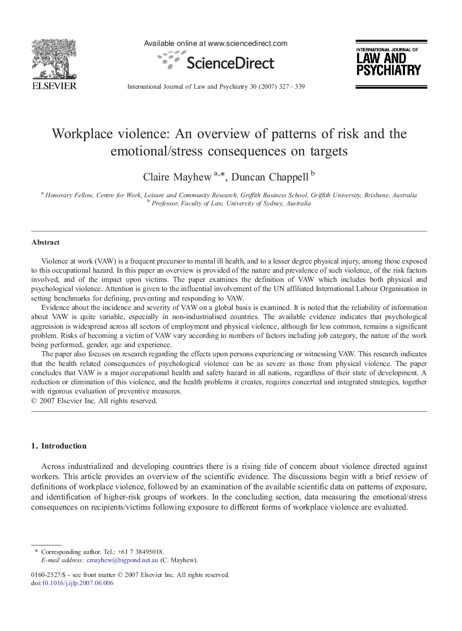 Workplace violence: An overview of patterns of risk and the emotional/stress consequences on targets