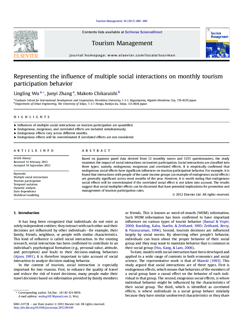 Representing the influence of multiple social interactions on monthly tourism participation behavior