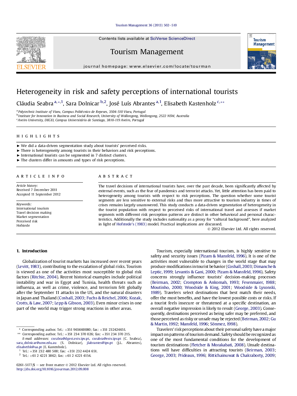 Heterogeneity in risk and safety perceptions of international tourists