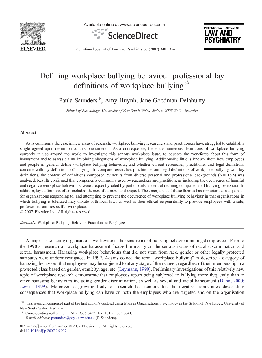 Defining workplace bullying behaviour professional lay definitions of workplace bullying 