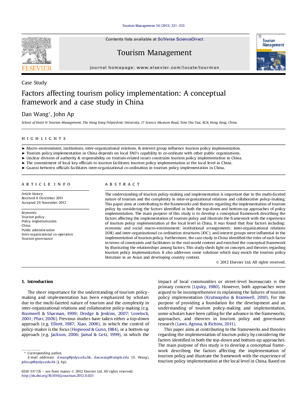 Factors affecting tourism policy implementation: A conceptual framework and a case study in China