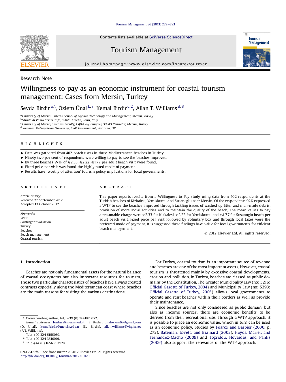 Willingness to pay as an economic instrument for coastal tourism management: Cases from Mersin, Turkey