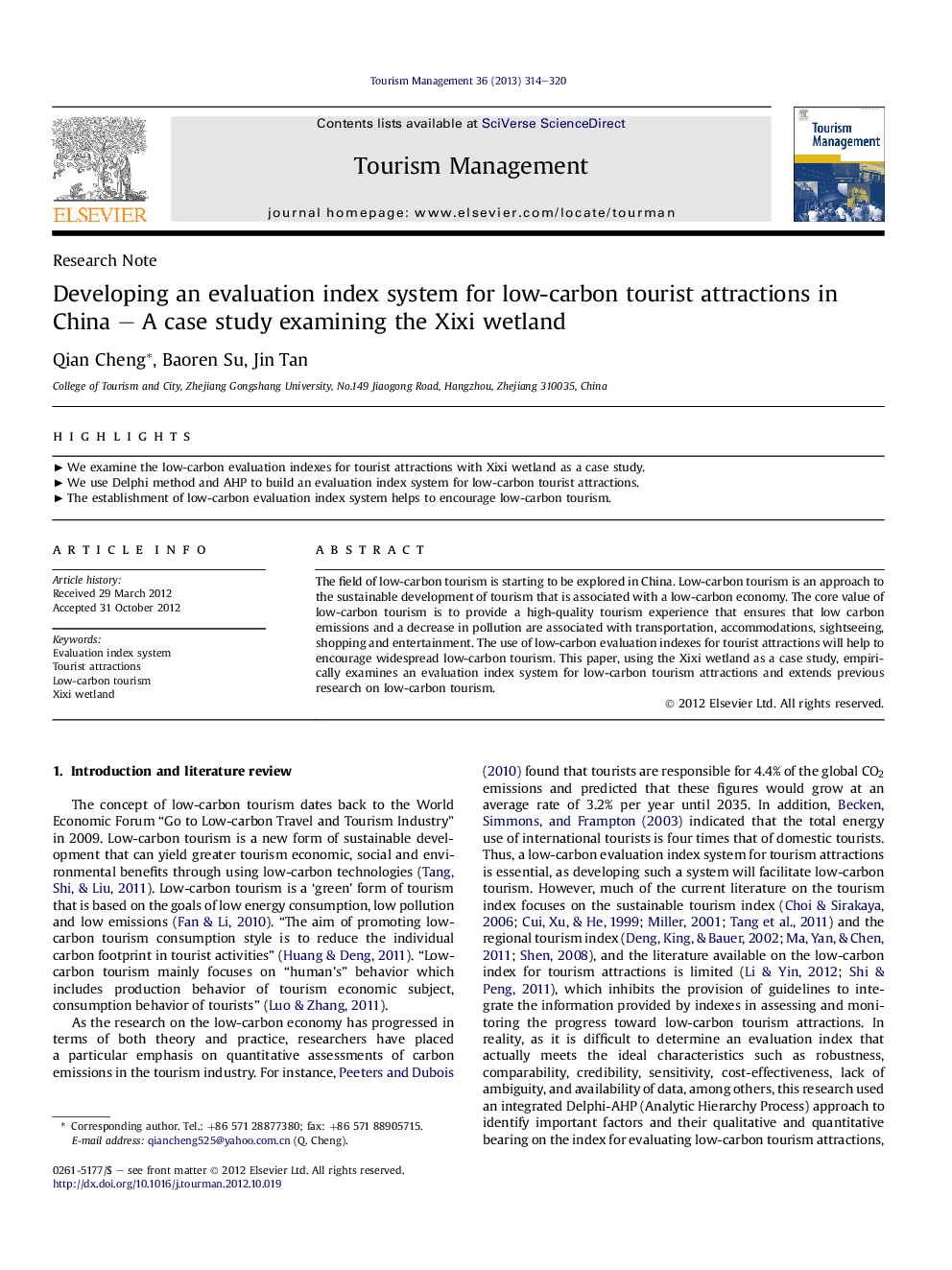 Developing an evaluation index system for low-carbon tourist attractions in China – A case study examining the Xixi wetland