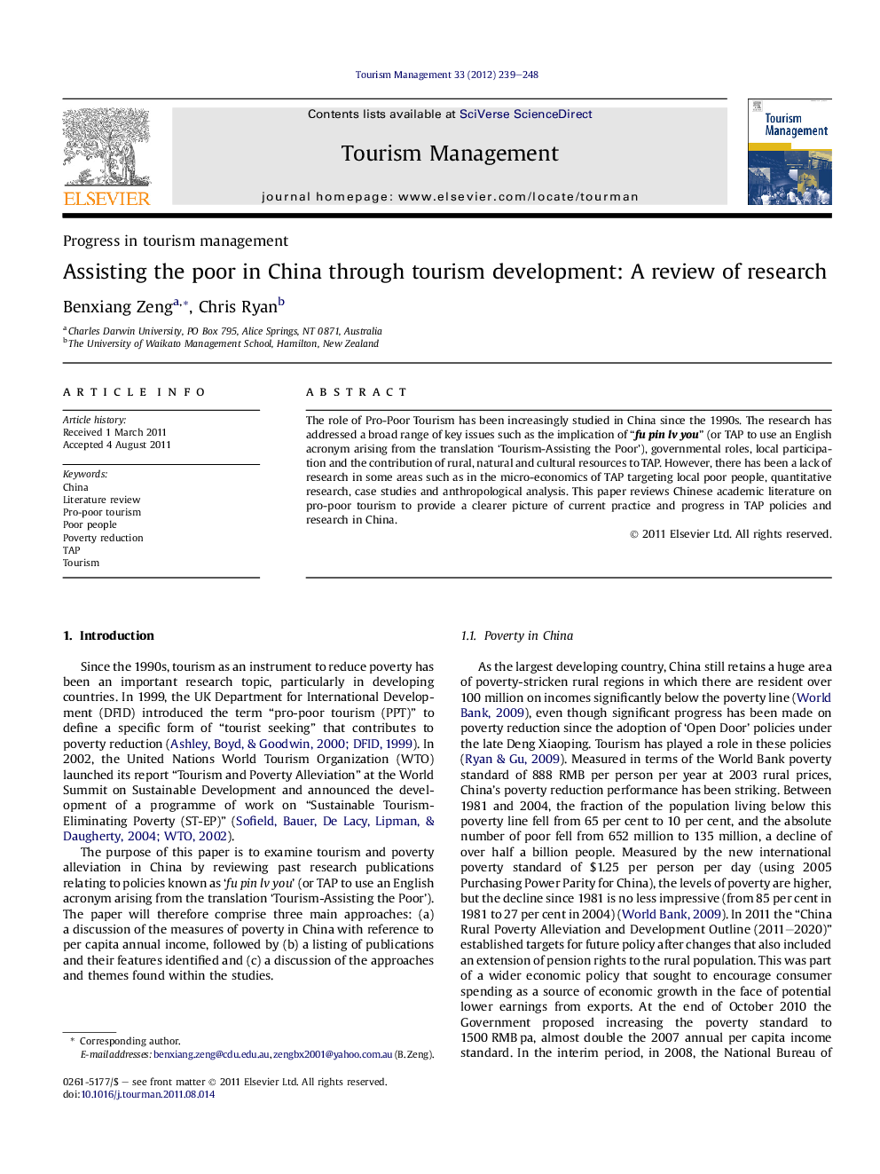 Assisting the poor in China through tourism development: A review of research