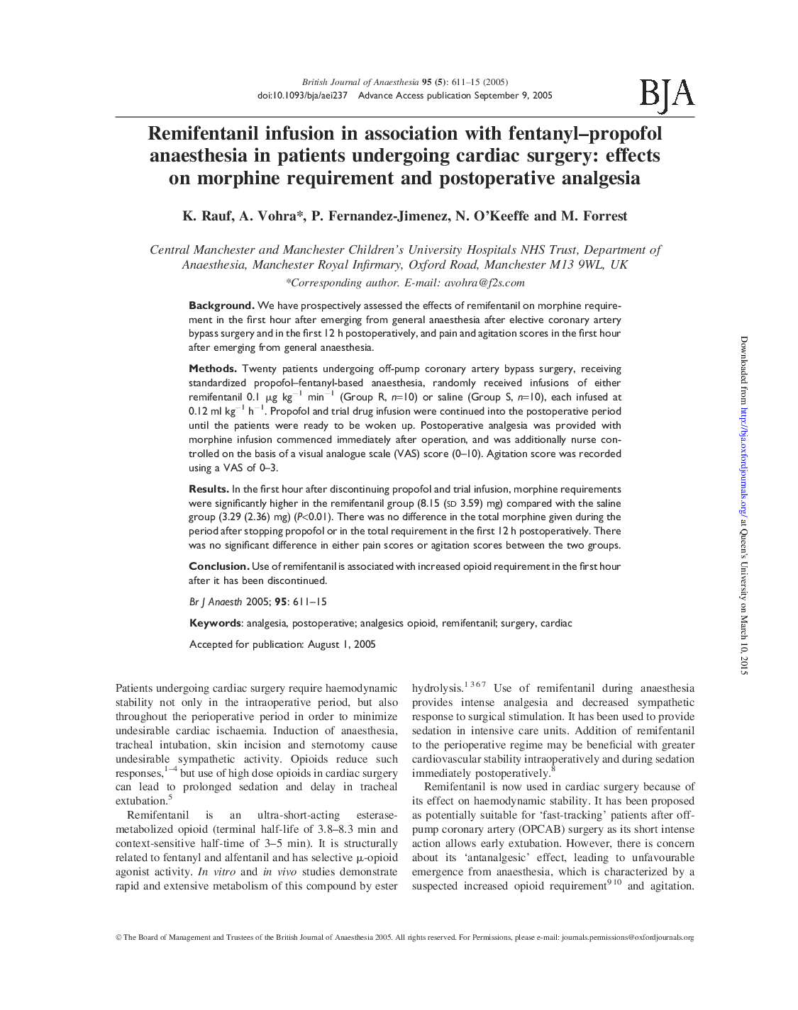 Remifentanil infusion in association with fentanyl-propofol anaesthesia in patients undergoing cardiac surgery: effects on morphine requirement and postoperative analgesia