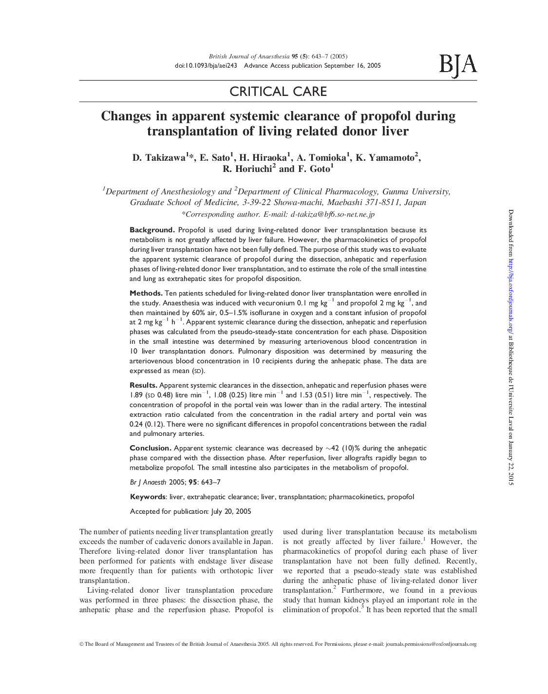 Changes in apparent systemic clearance of propofol during transplantation of living related donor liver