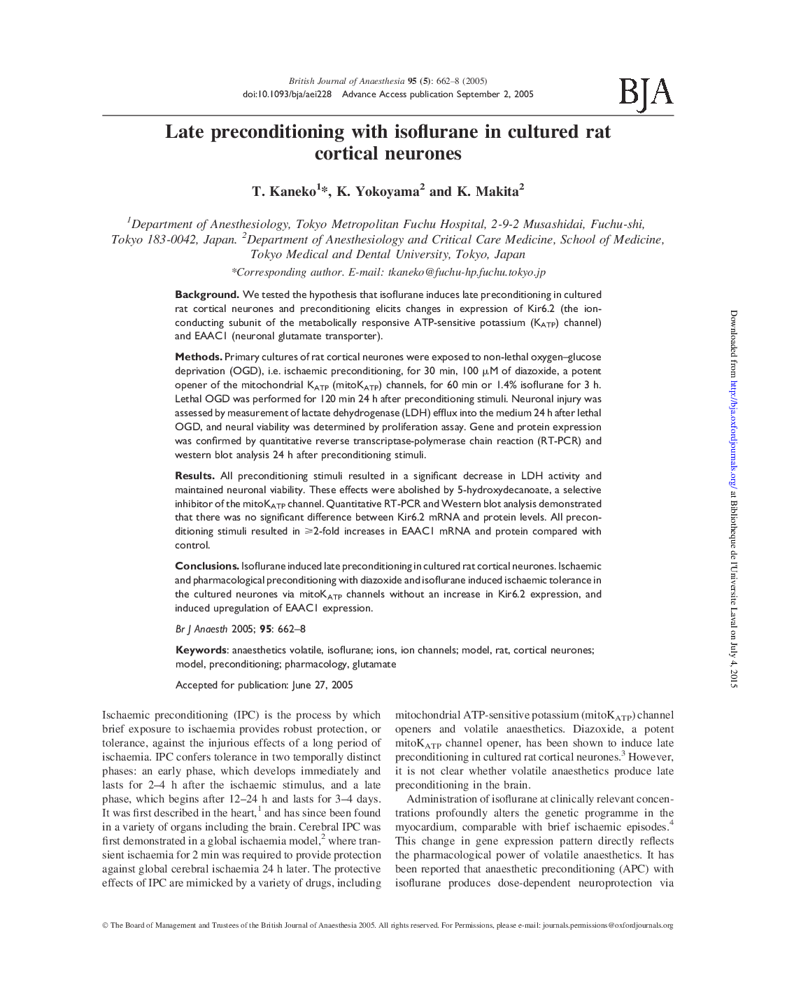 Late preconditioning with isoflurane in cultured rat cortical neurones