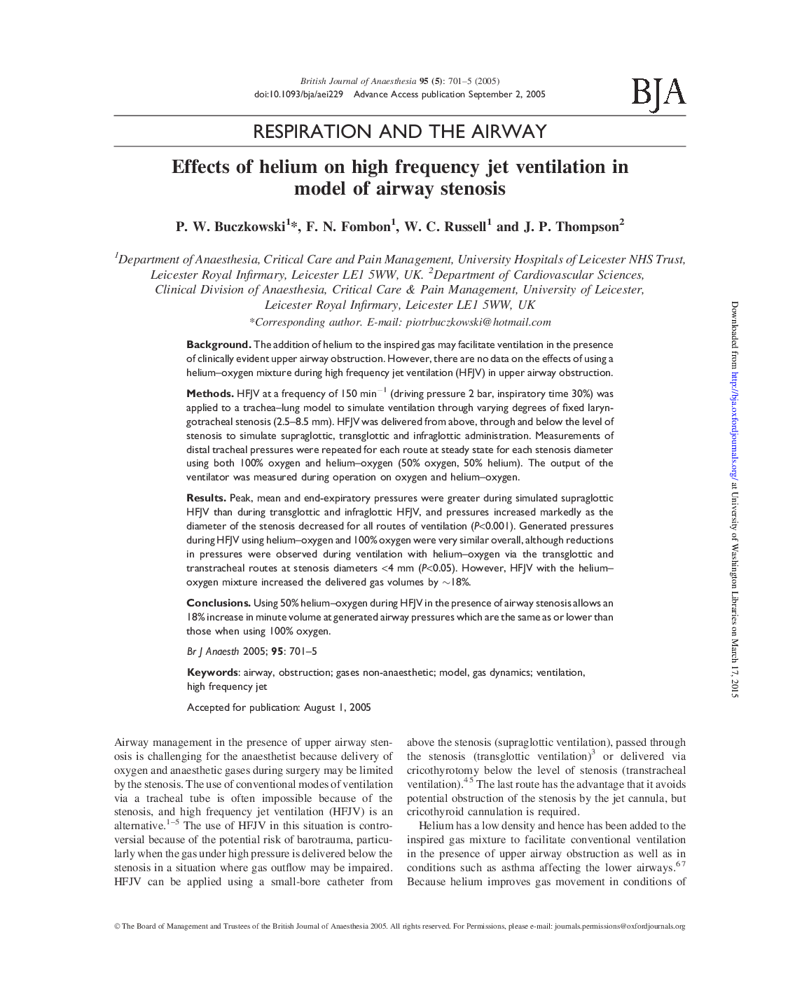 Effects of helium on high frequency jet ventilation in model of airway stenosis