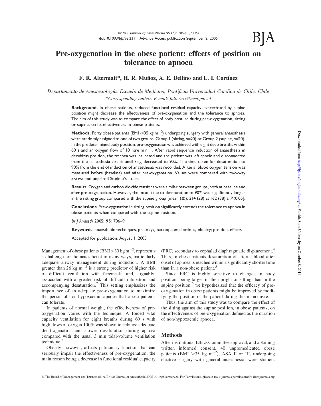 Pre-oxygenation in the obese patient: effects of position on tolerance to apnoea