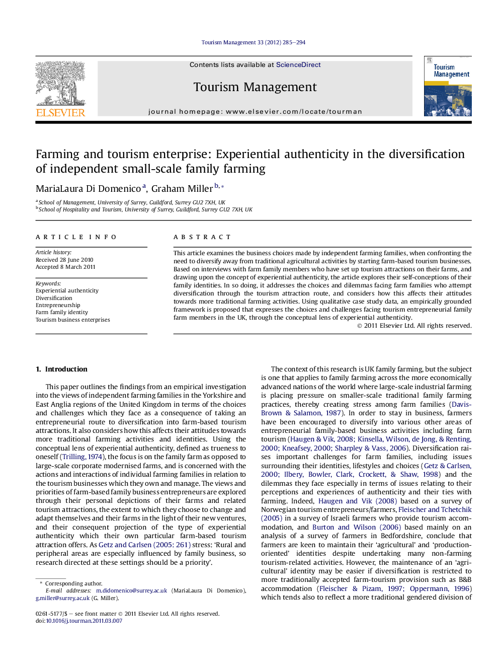 Farming and tourism enterprise: Experiential authenticity in the diversification of independent small-scale family farming