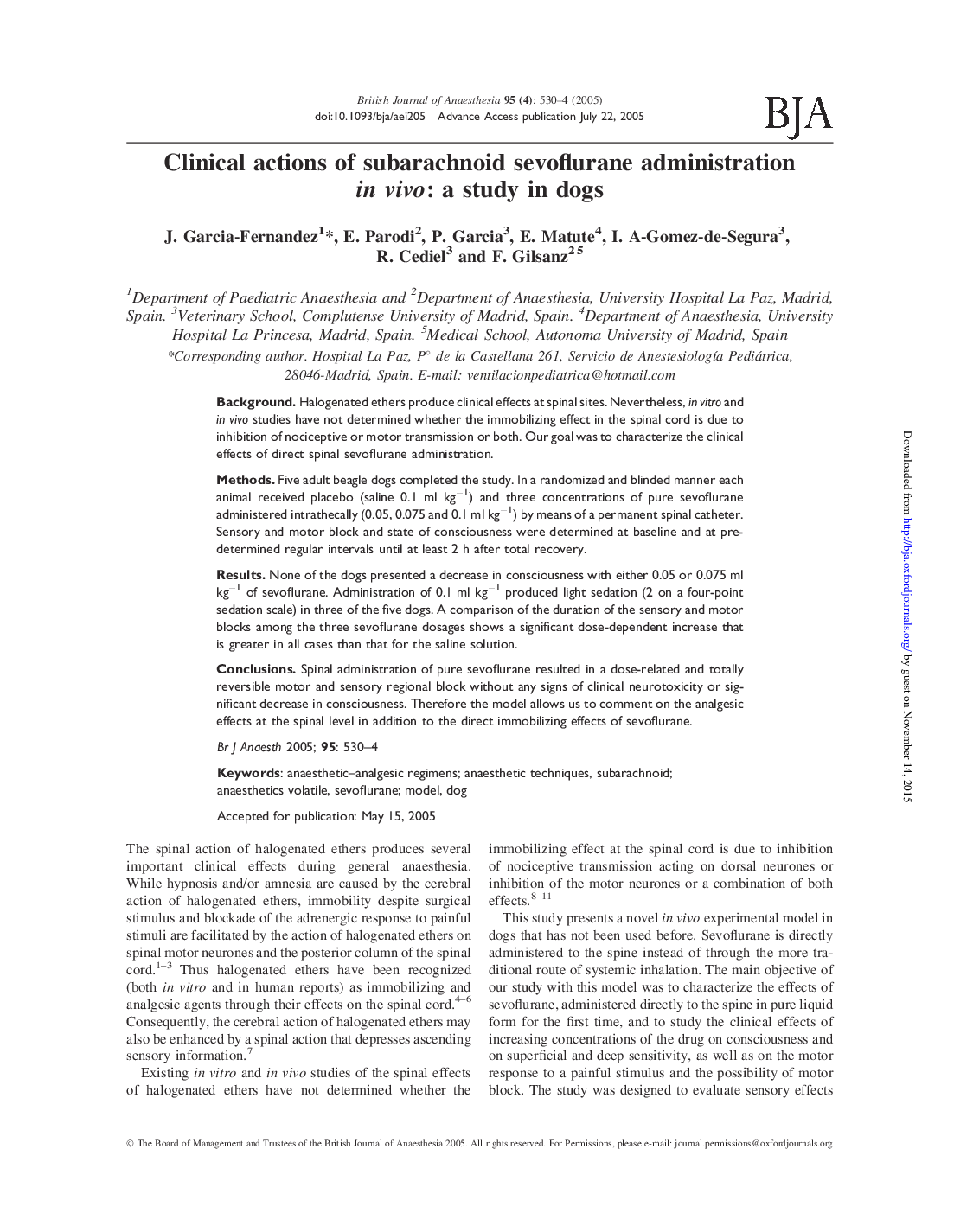 Clinical actions of subarachnoid sevoflurane administration in vivo: a study in dogs