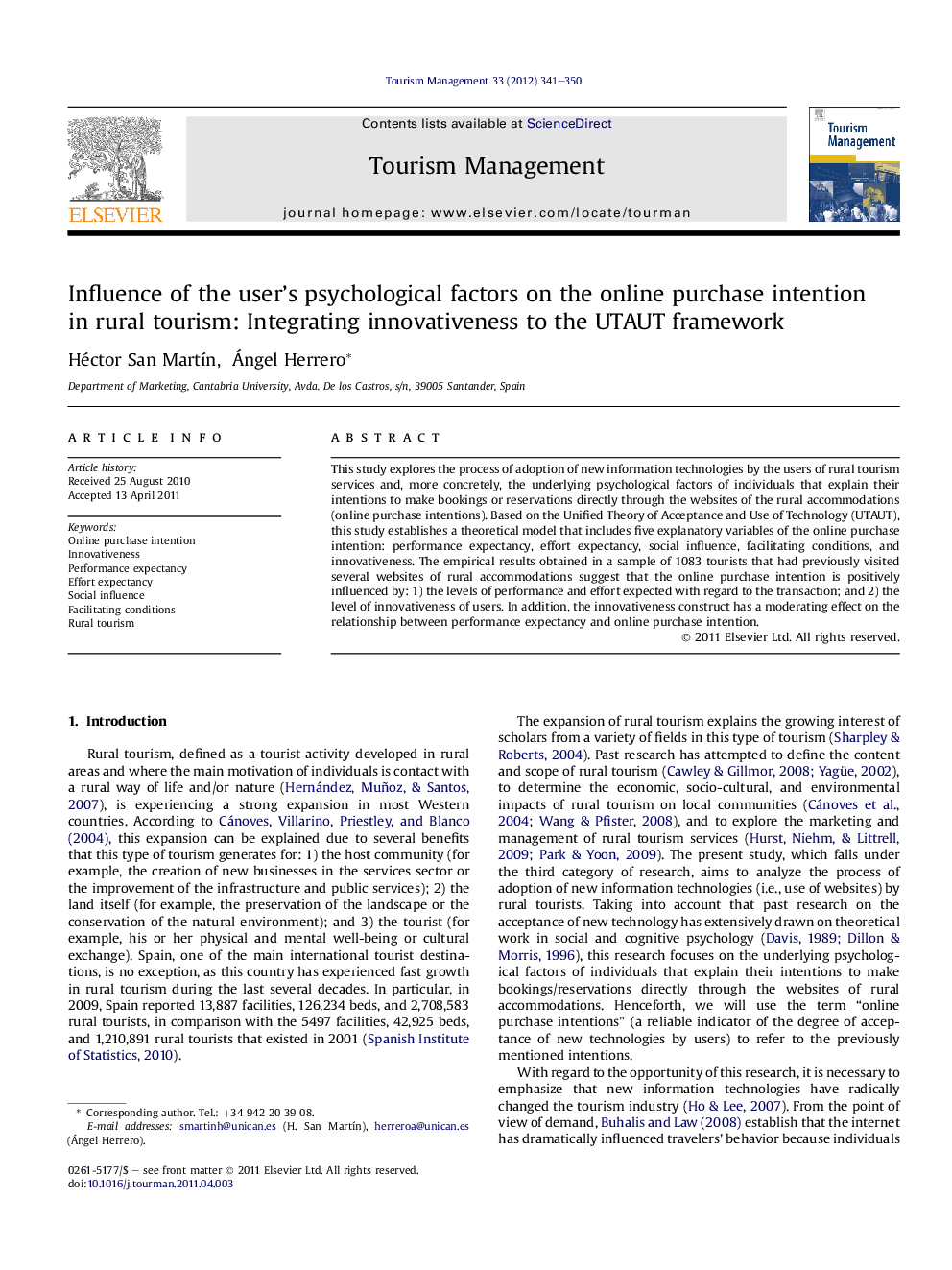 Influence of the user’s psychological factors on the online purchase intention in rural tourism: Integrating innovativeness to the UTAUT framework