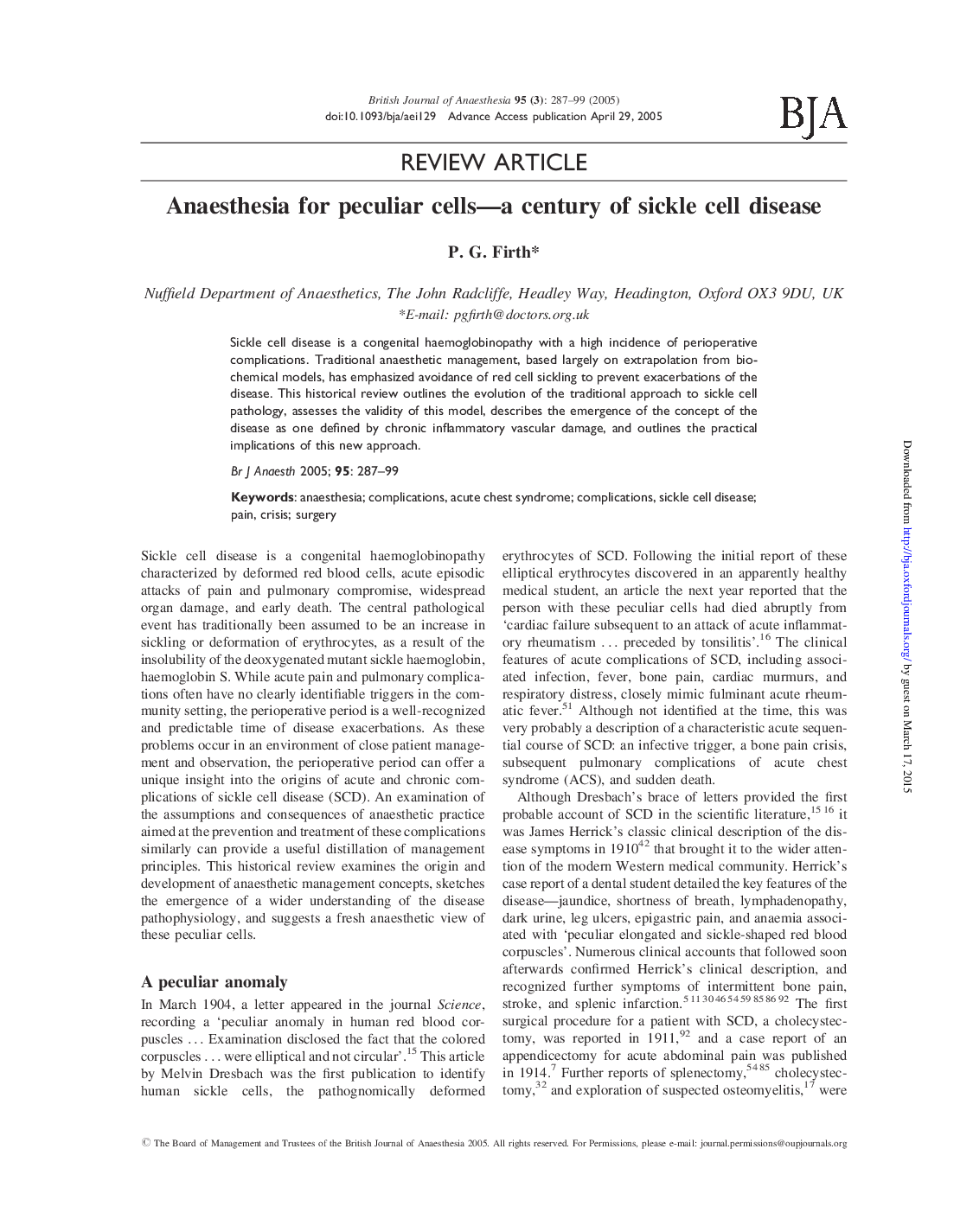 Anaesthesia for peculiar cells'a century of sickle cell disease