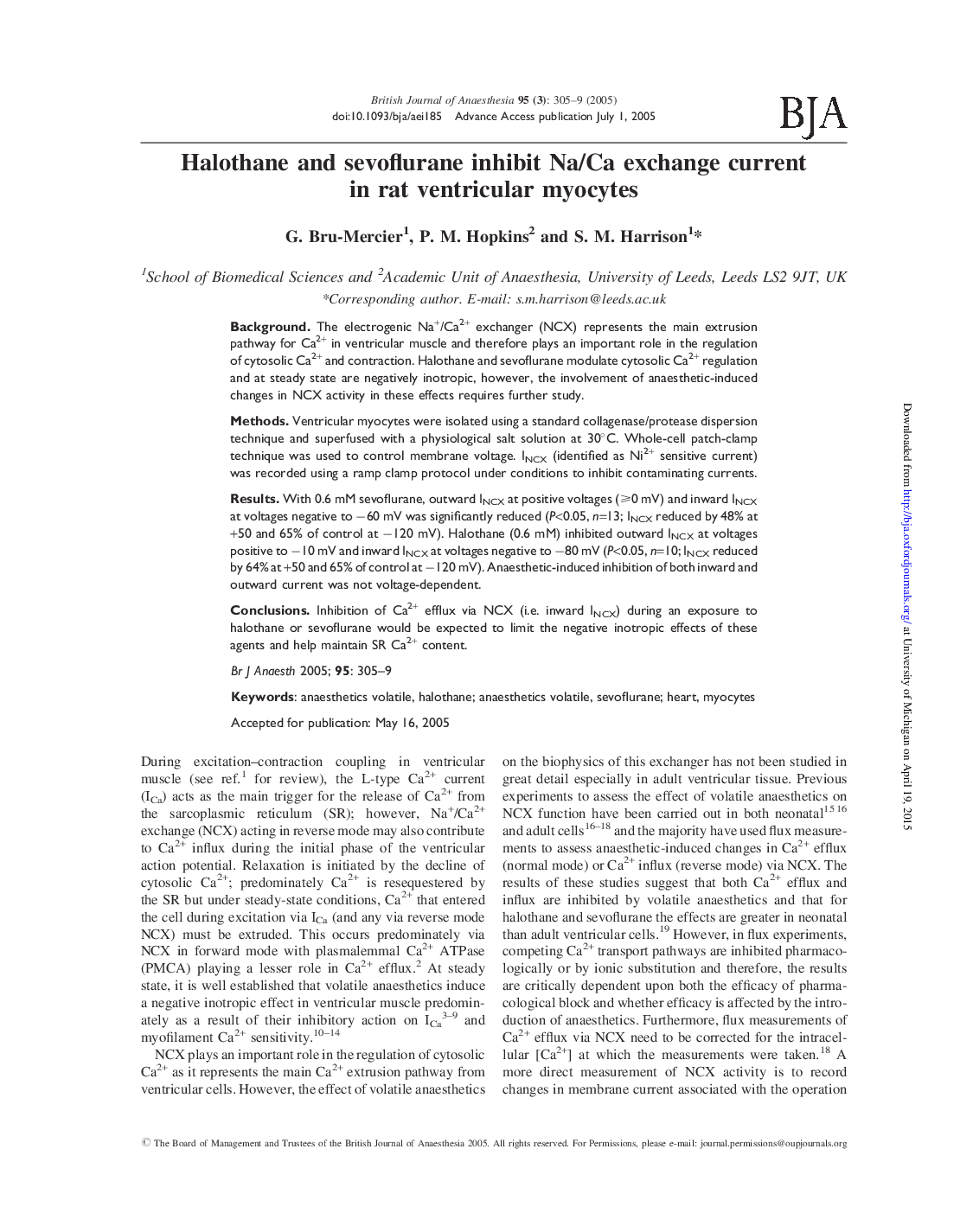 Halothane and sevoflurane inhibit Na/Ca exchange current in rat ventricular myocytes