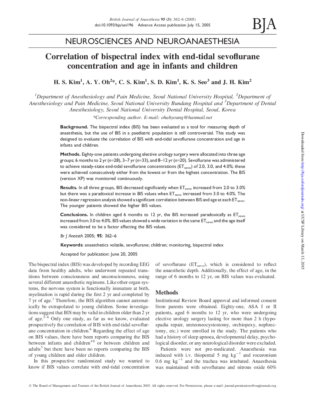 Correlation of bispectral index with end-tidal sevoflurane concentration and age in infants and children