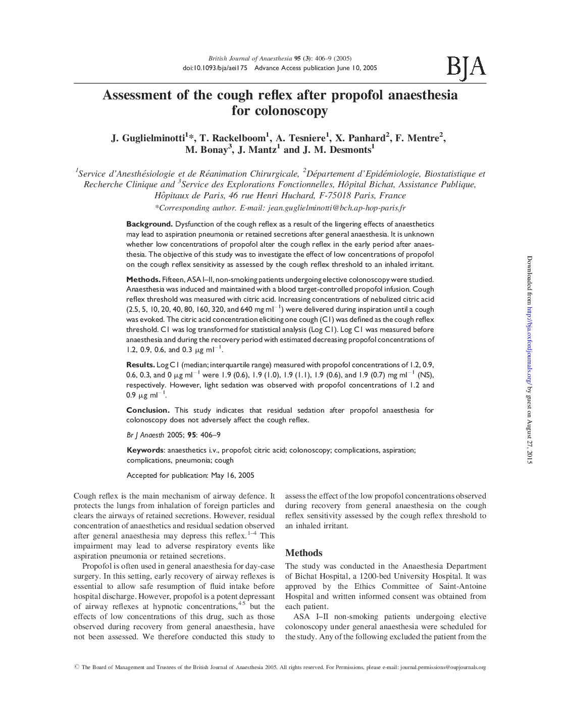 Assessment of the cough reflex after propofol anaesthesia for colonoscopy