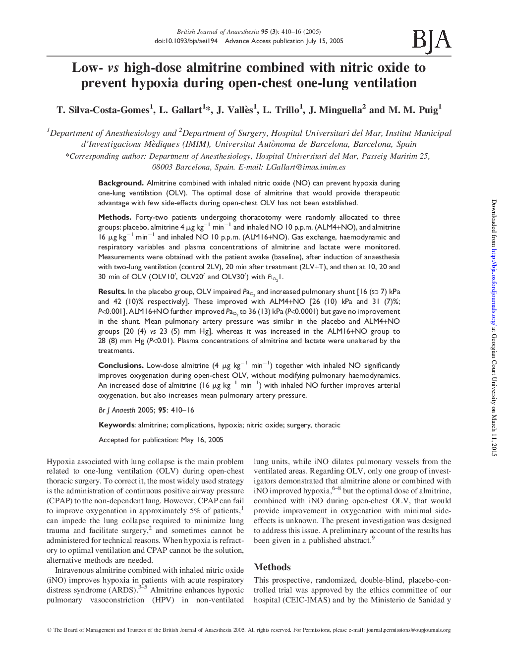 Low- vs high-dose almitrine combined with nitric oxide to prevent hypoxia during open-chest one-lung ventilation