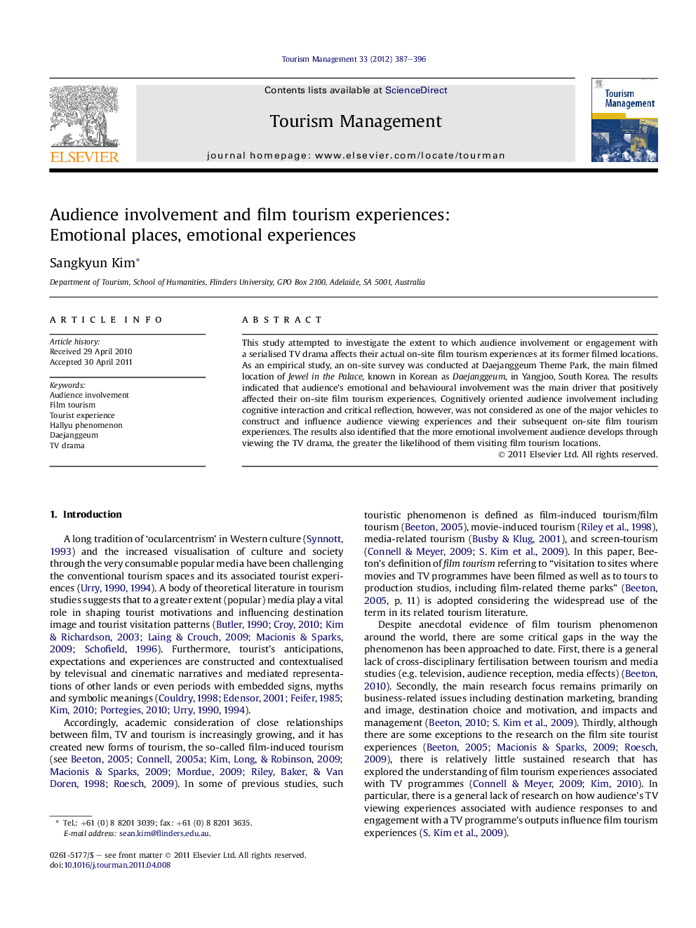 Audience involvement and film tourism experiences: Emotional places, emotional experiences